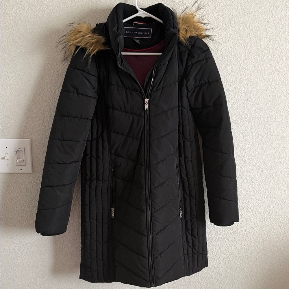 Tommy Hilfiger Black Puffer Coat with Faux Fur Hood